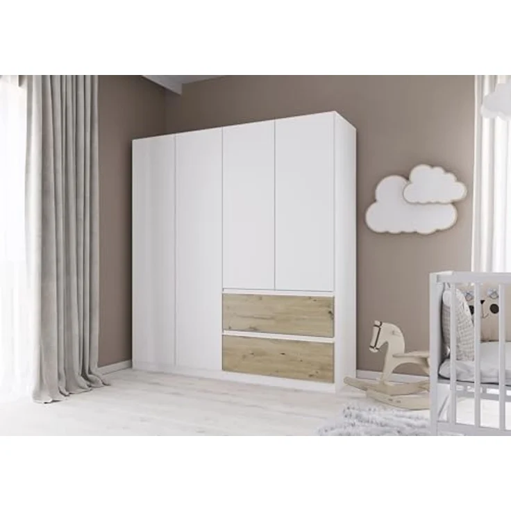 Rauch Möbel Costa, Kleiderschrank für Schlafzimmer, Kinderzimmer, Babyzimmer, Garderobe, Flur, 4-türig, 2 Schubladen, Push-to-Open, mit Zubehör Classic, Farbe Weiß, Breite 181 cm – Bild 2