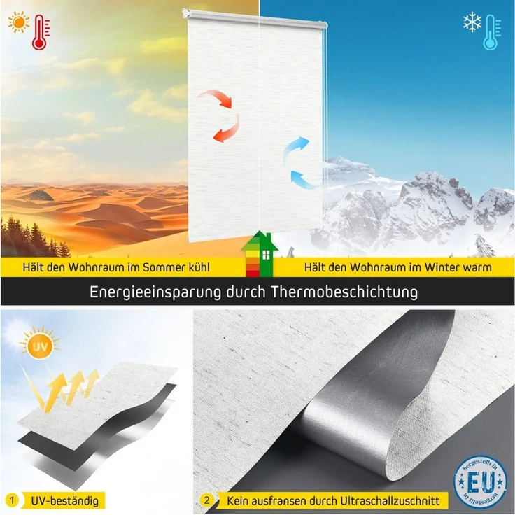 Verdunklungsrollo Thermorollo, 35 x 100 cm, weiß-strukturiert [Stoffbreite 31,6 cm], jalousiescout, verdunkelnd, ohne Bohren, freihängend, Klemmfix, Thermo-Rollo Vollverdunkelnd Thermo-Beschichtung, energiesparend – Bild 3