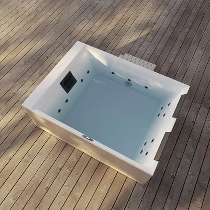 Home Deluxe Outdoor Whirlpool NIMBUS, für 2 Personen, mit 18 Massagedüsen, Thermoabdeckung und Treppe, Maße: 190 x 140 x 70 cm, Farbe: Weiß – Bild 4