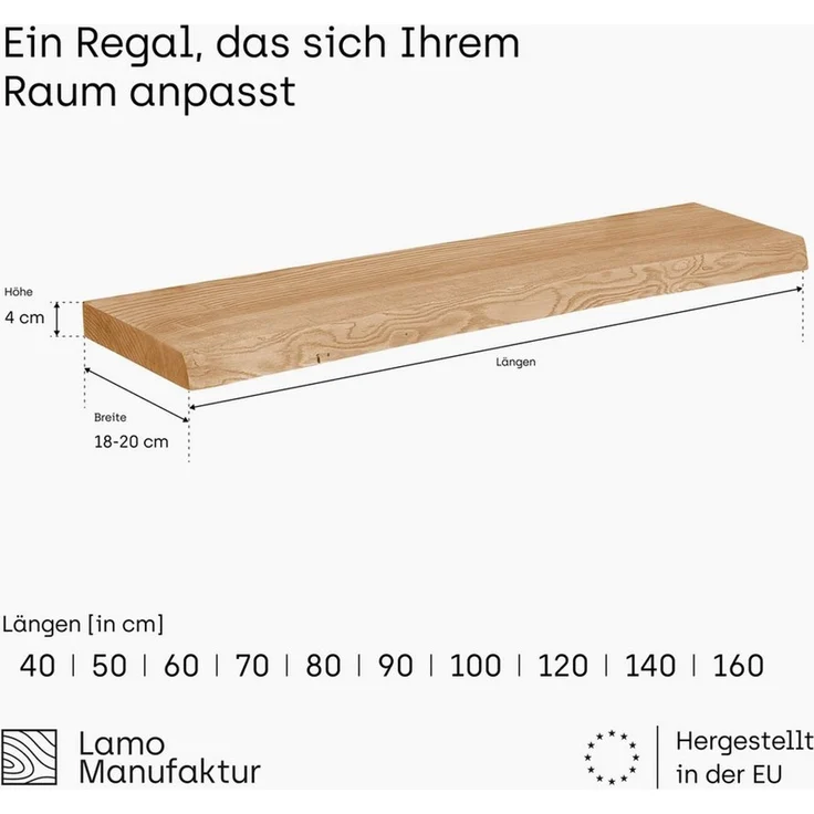 LAMO Manufaktur Wandregal Pure: ohne Montage Set 40 cm, Komplett-Set, 40mm stake Massivholzplatte – Bild 2