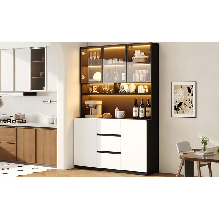 Flieks LED Vitrine 120 x 38 x 200 cm, Küchenbuffet, grauen Glastüren, offenen Fächern, 2 Türen und 3 Schubladen, Schwarz-Weiß – Bild 3