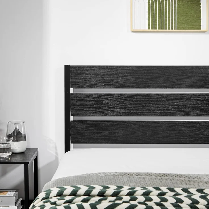 VECELO Bettgestell 140x200 cm, Metallbett mit Dick Holzkopfteil und Lattenrost, Doppelbett mit Stauraum unter dem Bett, perfekt für Schlafzimmer, Schwarz – Bild 5