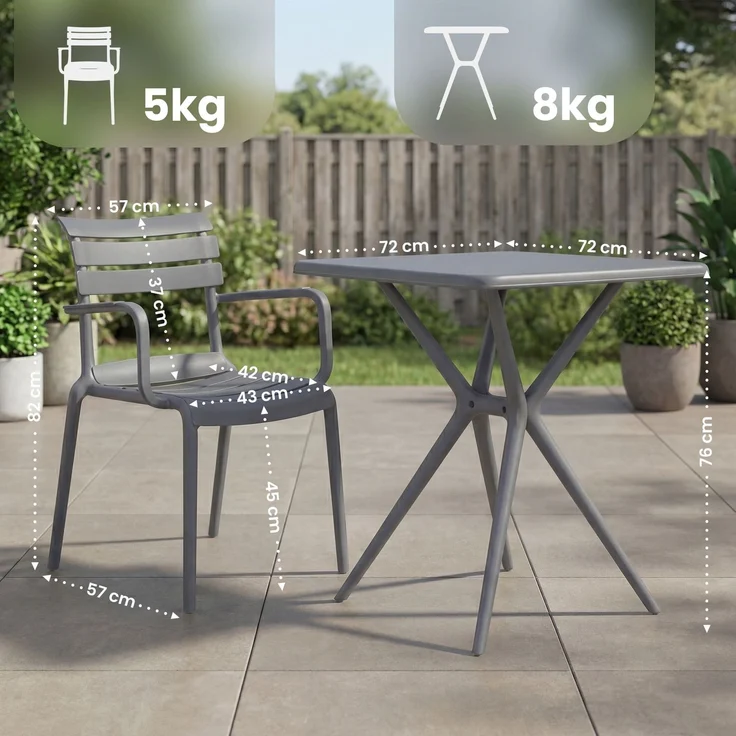 Gartenmöbel-Set NORA mit 2 Stühlen - 186x72x82cm, Kunststoff, Dunkelgrau | Balkonset Gartenset Tisch mit Stühlen Bistroset Outdoor – Bild 2