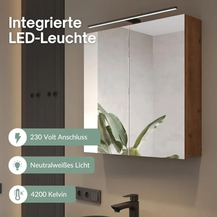 Planetmöbel ARIA Spiegelschrank Bad mit Beleuchtung 70 cm breit | Badschrank hängend mit Spiegel | Gold Eiche, mit Leuchte und Steckdose, Spiegelschrank Gäste WC 70 x 70 x 16 cm – Bild 7