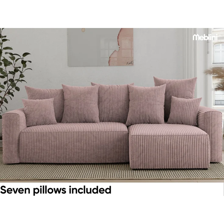 MEBLINI Schlafcouch mit Bettkasten - 238x142x73cm - Altrosa Cordstoff - DAVE - Kleines Ecksofa mit Schlaffunktion - Sofa mit Relaxfunktion und Kissen - Kleine Couch L-Form - Eckcouch – Bild 6