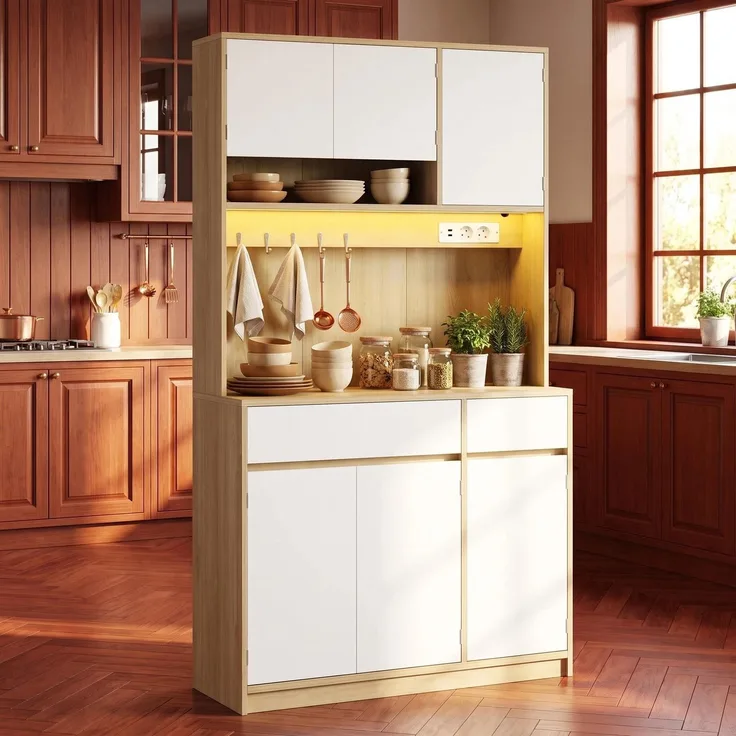 Halupeit Weißes Sideboard in Holzoptik mit LED-Ambientebeleuchtung, Doppelschubladenschrank für Küche/Wohnzimmer, 40,5 × 100,5 × 180,5 cm
