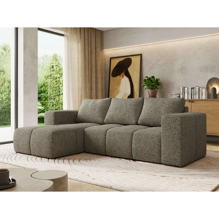 Ecksofa mit Schlaffunktion und Bettkasten, L-form Couch, lose Kissen, Polstersofa - MONIVA - Grau Struktur - linke Seite – Bild 1