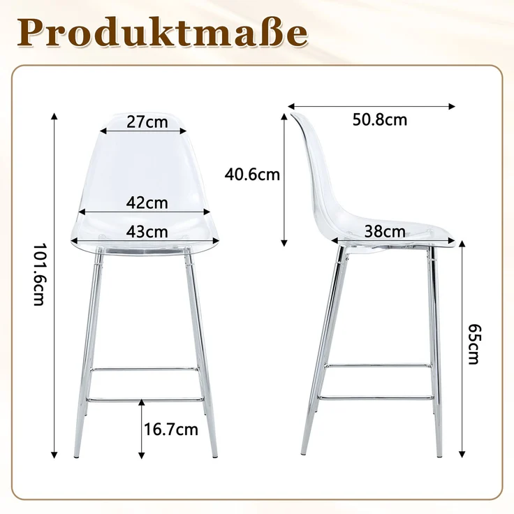 Transparentes Barhocker-Set, 4er-Pack, mit Metallgestell in Silber/Gold/Schwarz, Moderne Design-Stühle für Küche, Bar oder Esszimmer (Nur Stühle, ohne Tisch)--Silber--102x45x51cm--CHENHAONING – Bild 4