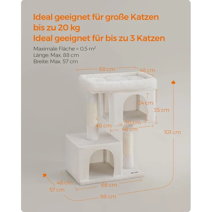 Feandrea Kratzbaum, 101 cm Katzenbaum, XL, Katzenhaus für extra große Katzen bis zu 20 kg, große Plattform, 2 Katzenhöhlen, Sisalstämme, cremeweiß PCT614T01 – Bild 5