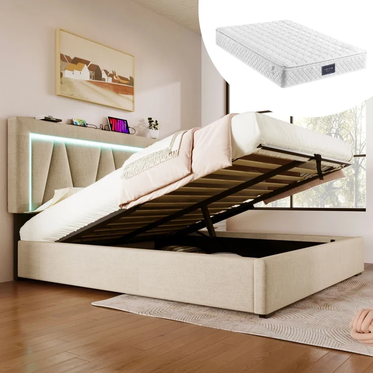 Polsterbett 160x200 cm mit verstellbarem Kopfteil, LED-Beleuchtung, USB & Type-C Ladeanschluss,Stauraum,Beige,inklusive Matratze – Bild 1