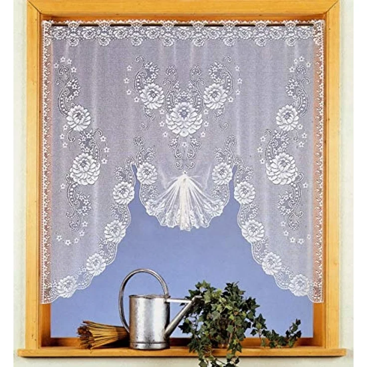 heimtexland Scheibengardine Jacquard Gardine M Bogen gerafft Fensterbild weiß (1 St), Stangendurchzug, halbtransparent, Jacquard, Blumen Bordüre I gebogt I durchscheinend – Bild 1