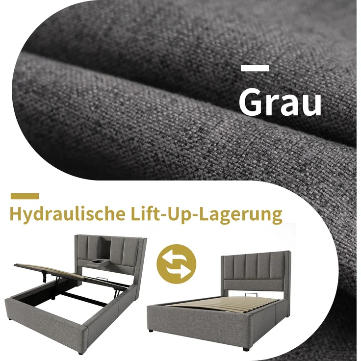 Kompakt Einzelbett mit Klapp-Kopfstütze & Ladestation, Leinen, 90x200 cm, Grau, ohne Matratze – Bild 9