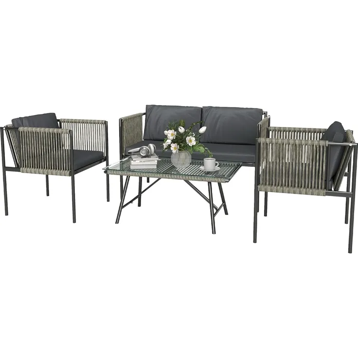 Outsunny Sitzgruppe mit 2er Sofa, Sessel, Glastisch, Kissen, (Gartenmöbel-Set aus Polyrattan, 4-tlg, wetterfest Lounge-Set), für 4 Personen, für Garten, Balkon, Grau