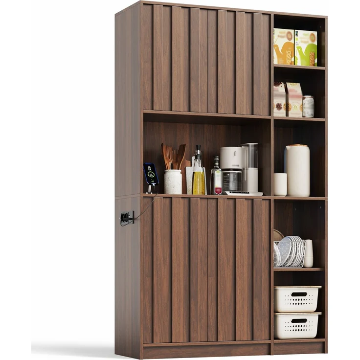 Küchenschrank, hoher Stauraumschrank mit LED-Beleuchtung, Küchenregal mit Steckdosen, Bücherregal & Vitrinenschrank für Wohnzimmer und Esszimmer, 180 × 105 × 40 cm--Nussbaum--105x40x180cm--YOUDENOVA – Bild 8