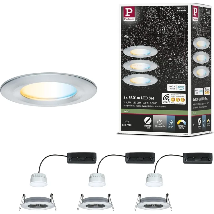 Paulmann 92444 LED Einbauleuchte Nova Coin 3er-Set Zigbee Tunable White Alu gedreht IP44