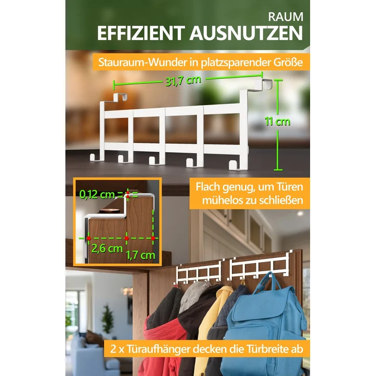 Lindenstein Türgarderobe für Falztüren innen, 5 Haken, Edelstahl, Weiß – bis 15 kg – Bild 5