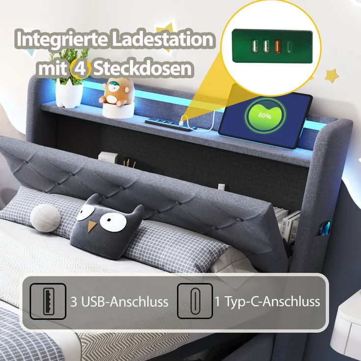 Merax Kinderbett Polsterbett 90*200cm, Mit farbwechselnden Lichtern und USB-Steckdose, Kopfteil aufklappbar, Mit Hydraulischem Stauraum, Mit Handytasche, Multifunktionales Einzelbett, Leinenstoff Grau – Bild 6