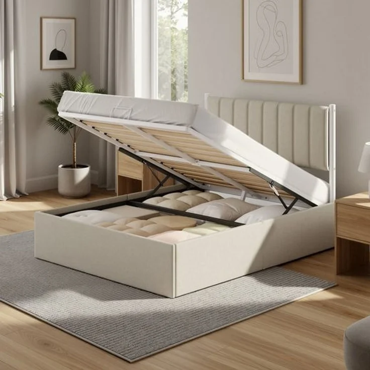 VASAGLE Bettgestell, 140 x 200 cm, hochklappbar Lattenrost, Stauraum unter dem Bett, mit Kopfteil, beige – Bild 2