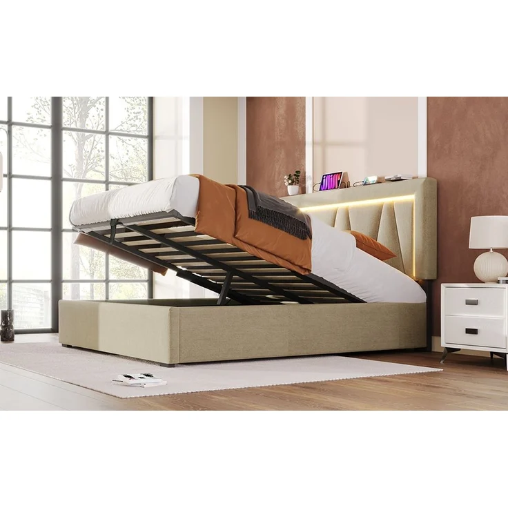 Polsterbett 160x200 cm aus Leinen mit Stauraum, USB- und Type-C-Anschluss und LED-Beleuchtung – Bild 3