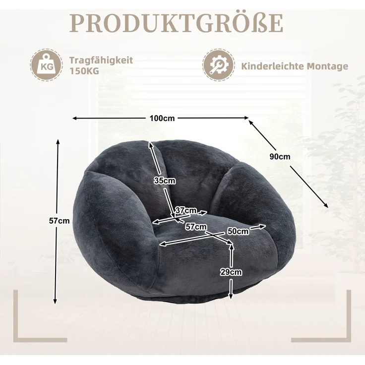 LVHOM Sitzsack XXL, Bodensofa aus Faux Fur, Montagefreier Bean Bag, für Wohnzimmer, Lounge, Schlafzimmer, Anthrazit – Bild 6