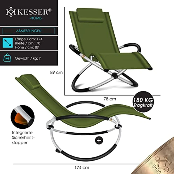 KESSER® Relaxliege Liegestuhl | Gartenliege Sonnenliege | Gartenstuhl | Klappstuhl faltbar | Schwungliege | Schaukelsessel | ergonomische Relaxsessel | wetterfest | 180 kg Belastung, Khaki – Bild 2