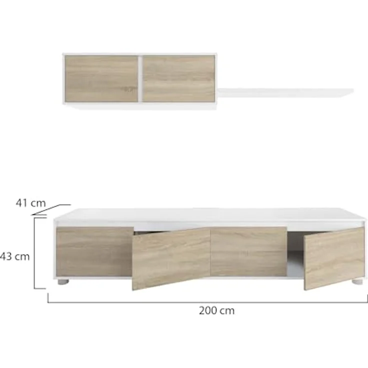 Dmora - Wandsystem Savannah, TV-Ständer, Wohnzimmermöbel, Zusammensetzung des Wohnzimmersets, Wohnzimmerset mit Schrankwand, 200 x 41 x 43 cm, Weiß und Eiche – Bild 9