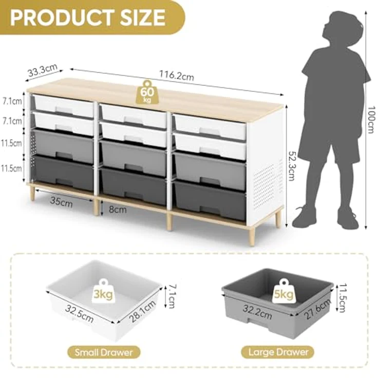 KINGRACK 12 Kommode – Mit Einer Tischplatte aus Holz Multifunktionaler Komodenschrank für Zuhause & Büro, Platzsparendes Design, Einfache Montage (Grau) – Bild 4