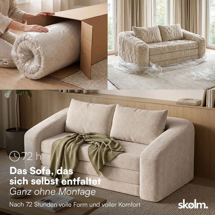 skølm 'Fjäll' Schlafsofa 2 Sitzer mit 2 Kissen, beige, Teddy-Bouclé Sofa ausklappbar, mit Liegefunktion, vakuumverpackt ohne Aufbau – Bild 3