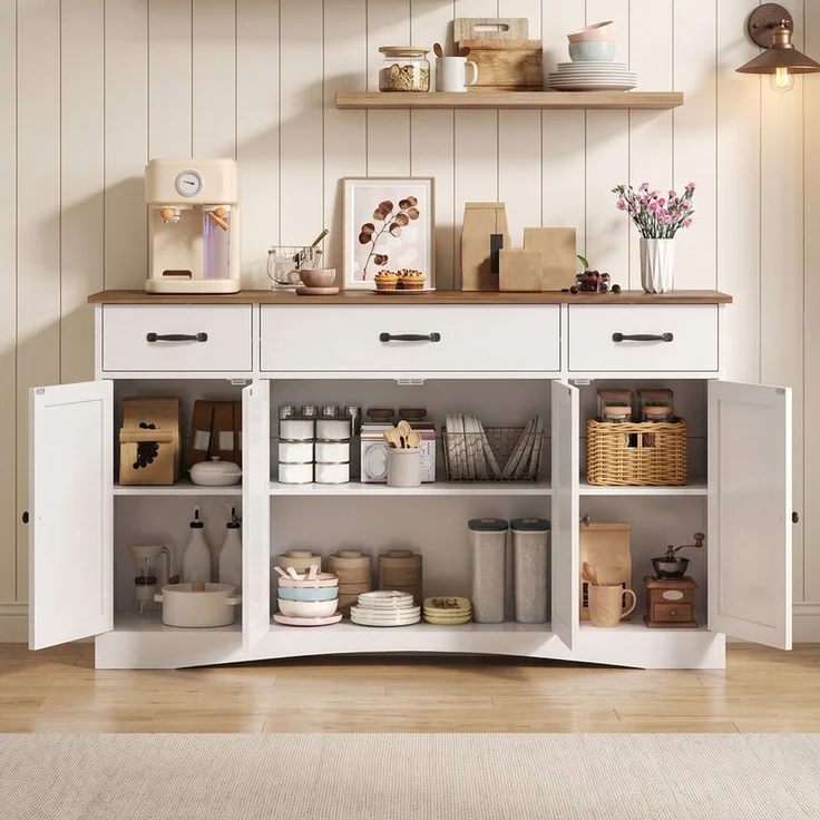Blishom Buffet Sideboard Kommode Küchenschrank mit 4 Türen und 3 Schubladen Buffetschrank, Anrichte, verstellbare Böden, Landhaus-Design – Bild 2