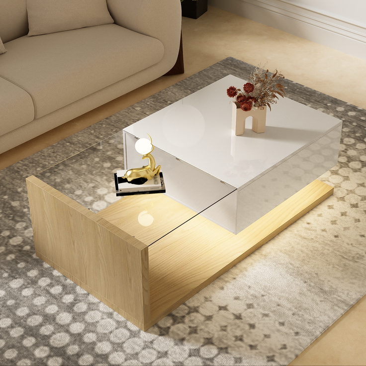 Couchtisch aus Spanplatte mit Glasplatte & LED-Licht, 105x55x32,5 cm, Weiß/Natural – Bild 2