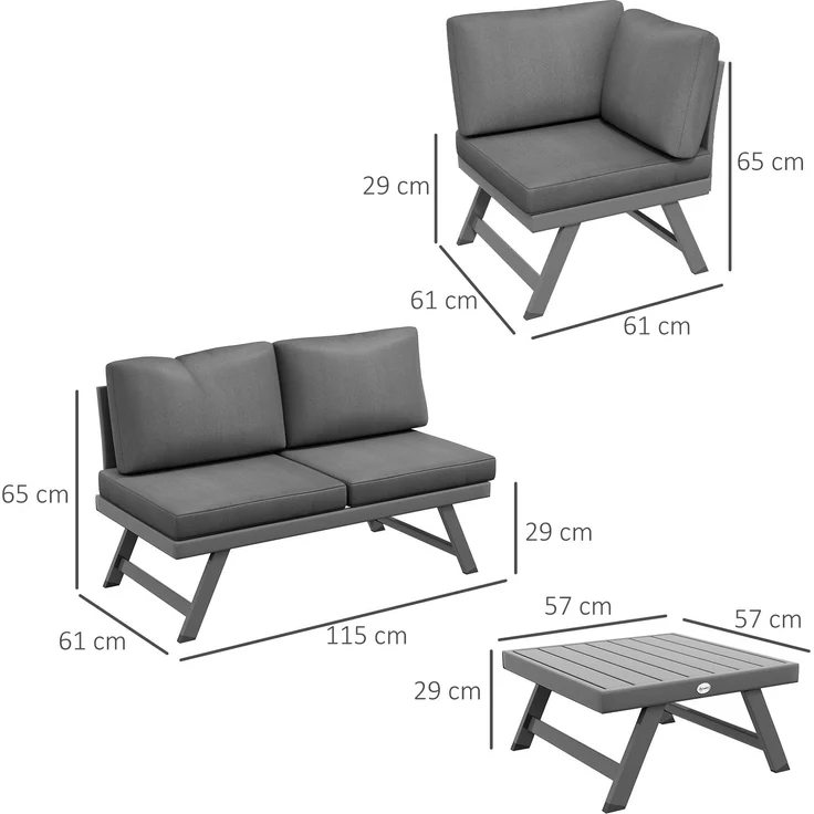 Wohnora-Garten-Ecklounge-Set mit ausziehbarem Sofa, 4-teilig bestehend aus 2 Bänken, 1 Ecksessel und 1 Couchtisch,H 65cm x T 115cm x B 61cm,Grau – Bild 3