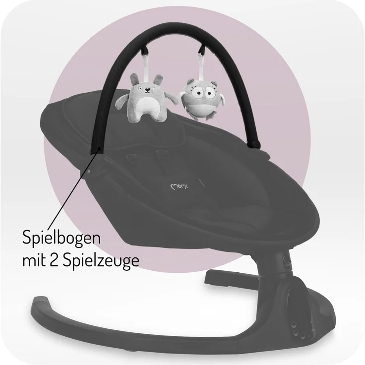 MoMi KENANI ONYX Babywippe für Babys bis 9 kg, mit LED-Display, Fernbedienung & Bluetooth für Smartphone, Batterie- oder Stromanschluss, mit 5-Punkt-Sicherheitsgurt, Bügel und Spielzeug – Bild 8