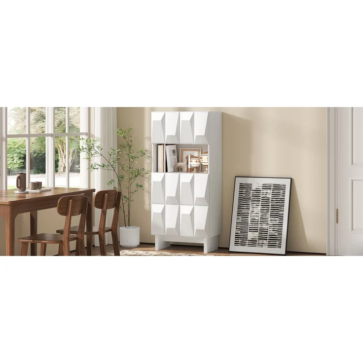 Vitrine Display Schrank Hochschrank Spanplatte Relief 4 Türen offenes Fach verstellbarer Boden Wohnzimmer Arbeitszimmer--Weiß--60.5x34x135.5cm--YOUDENOVA – Bild 7