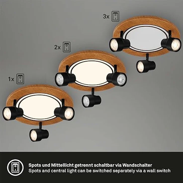 BRILONER LED Deckenlampe mit Spots, warmweiß, schwenkbar, 12W, Holz, mit Speicherfunktion, 300x155 mm (DxH) – Bild 4