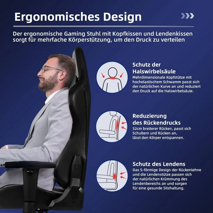 Hiazurm Gaming-Stuhl Gaming Stuhl, Bürostuhl Ergonomisch Wippfunktion bis zu 170° (Gaming Chair mit gepolsterten Armlehnen, 10 cm Höhenverstellung), Verstellbarem Lenden- & Kopfkissen, Gamer Stuhl 150kg Belastbarkeit – Bild 2