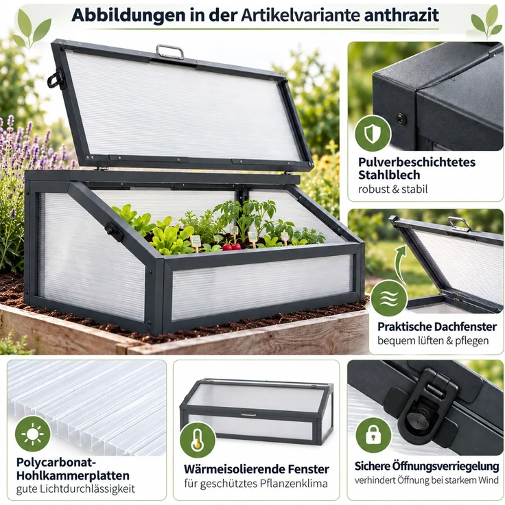 Frühbeetaufsatz HWC-R37, Gewächshaus Pflanzbeetaufsatz Beetabdeckung Stahl Polycarbonat 36 x 100 x 50 cm ~ anthrazit – Bild 2