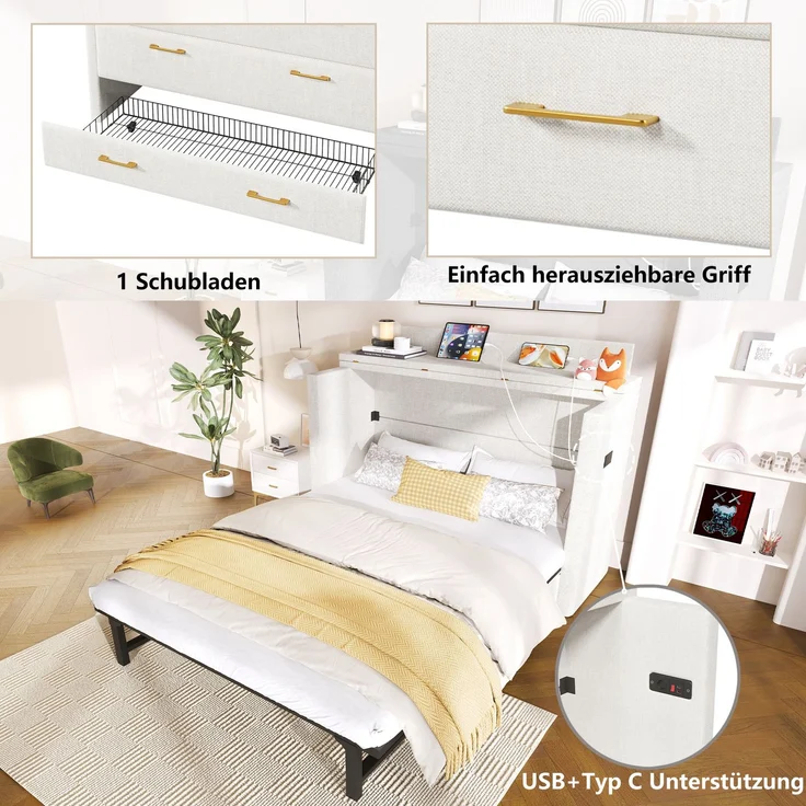 Schrankbett, 140 x 200, Mit einer Schublade,Mobiles Schrankbett mit Ablagefach am Bett, mit USB- und Typ-C-Anschlüssen, Umbaubares Plattformbett, Ohne Matratze,Leinen, Beige – Bild 3