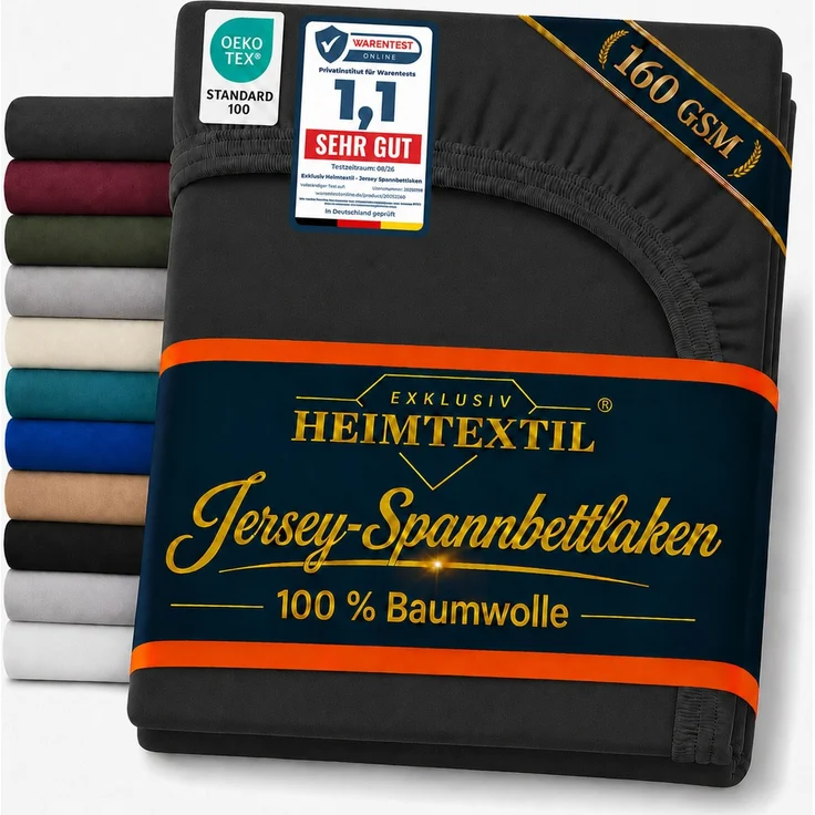 EXKLUSIV HEIMTEXTIL Jersey Spannbettlaken Deluxe 180 x 200 cm Schwarz 160 GSM, 100% Baumwolle Öko - Tex Zertifiziert Bed-Sheet Bettlaken Spannbetttuch Topper Leinentuch – Bild 1