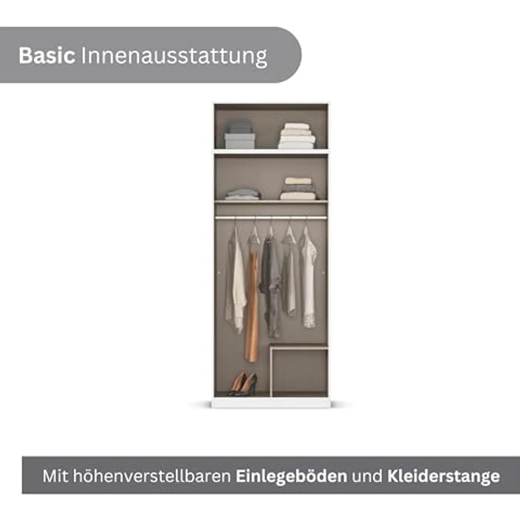 Rauch Möbel Lagoa, Kleiderschrank, Garderobe für Schlafzimmer, Kinderzimmer, Jugendzimmer 4-türig, mit Spiegel, 2 Schubladen, mit Zubehör Classic, Farbe Weiß /Grau metallic, Schwarz, Breite 91 – Bild 7