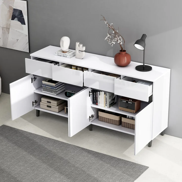 Merax Hochglanz Sideboard, Kommoden, Highboard, Schubladenkommoden mit 4 Schubladen 2 Türen und höhenverstellbaren Regalböden, Hochglanz-Sideboard, Hochglanz-Unterschränke, Eckschränke – Bild 3