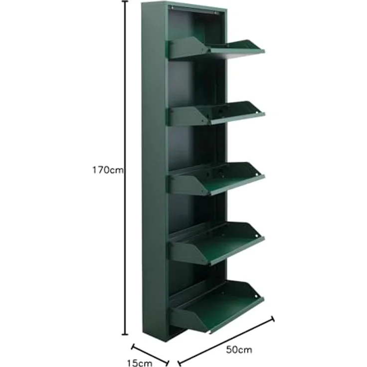 Kare Design Schuhschrank Caruso, Grün, Stahl, mit 5 Klappen, Schuhablage für 10 Paar Schuhe, schmal, platzsparend, hoch, Schuhregal, Eingangsbereich, 170 x 50 x 15 cm (H/B/T) – Bild 4