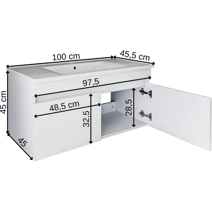Skye Decor '1053' Badezimmerschrank mit Waschbecken, Mattweiß, 100 x 48 x 45,5 cm – Bild 7