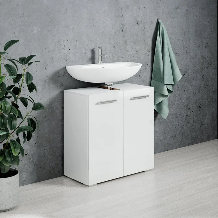 Badplaats Waschbeckenunterschrank Jupiter 60 x 30 cm Weiß Matt - Stehender Badezimmerschrank mit 2 Türen und Montagematerial – Bild 4
