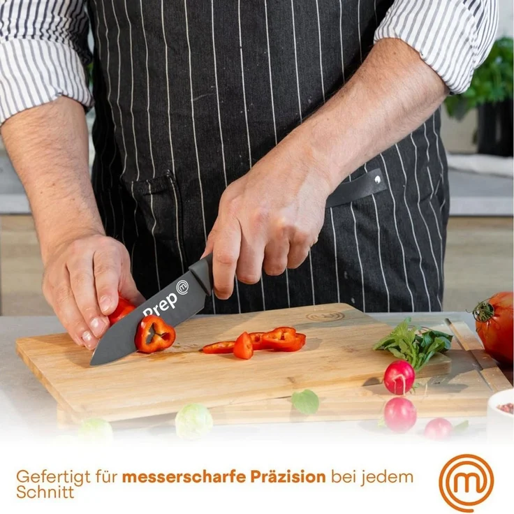 MasterChef Messerset, Küchenmesser Set ink. Kochmesser, Gemüsemesser & Schälmesser, Scharfe Messer Edelstahl, Antihaftbeschichtete, Soft-Touch-Griffe, 3-teilig, Blau, Captions – Bild 3