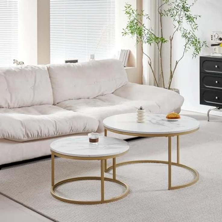 GrandCA HOME Couchtisch 2er Set,Stapelbarer Couchtisch, Couchtische Rund, Marmorierte MDF-Tischplatte, Vergoldete Metallbeine，Geeignet für Wohnzimmer, Esszimmer, Balkon（Ø80x45H cm，Ø60x35H cm） – Bild 4
