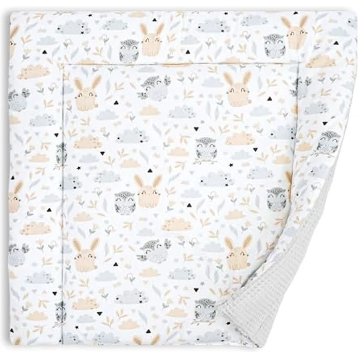 Wickelauflage für Babys 75x72 cm - Weiche Baumwolle, Abwaschbar - Wickelkommode & Wickeltischauflage Hellgrau Eulen – Bild 1
