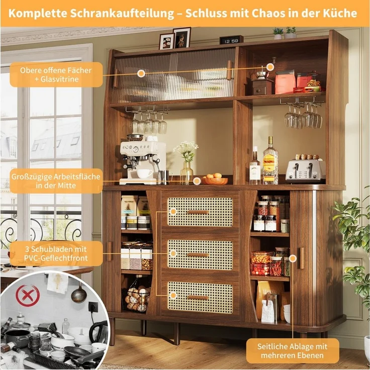 Celya Küchenbuffet Buffetschrank Rattanoptik mit Stauraum (mit 3 Schubladen und Glasschiebetüren, belastbar bis 60kg) Integrierte Glashalter, verstellbare Füße und abgerundete Kanten – Bild 4
