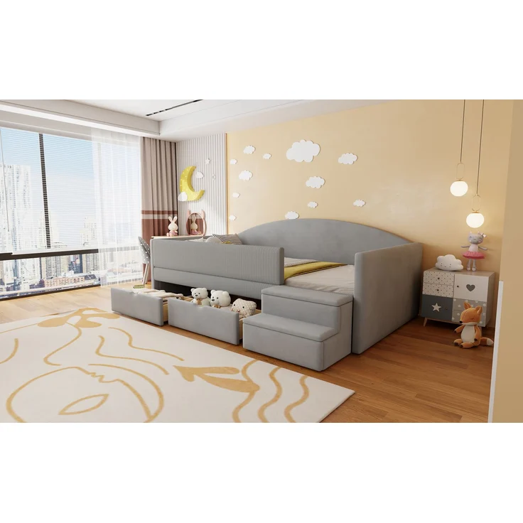 Polsterbett Sofabett,90*190cm,Multifunktionsbett,Mit Zwei Schubladen und Zäunen,Mit Stufen,Hautfreundlicher Samtstoff,ohne Matratze,Hellgrau – Bild 4