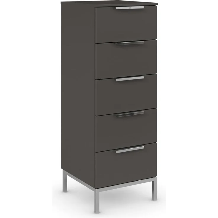 Rauch Möbel Flipp, Nachttisch für Schlafzimmer, Kinderzimmer, Wohnzimmer, Flur, Garderobe, 5 Schubladen, mit Softclose Funktion, Griffe und Metallkufe Chrom, Farbe Graphit, Schwarz, Breite 40 cm