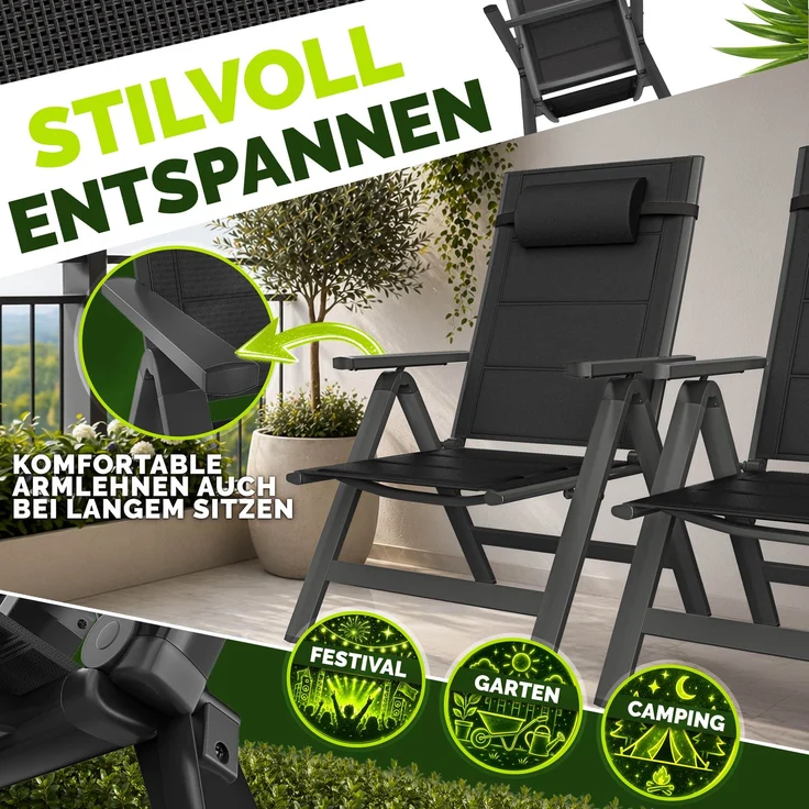 tillvex Gartenstuhl mit Polster Premium 4 Stück Anthrazit klappbar aus Aluminium | Hochlehner mit Armlehnen | Klappstuhl verstellbar | Klappsessel Balkon Garten Terrasse – Bild 4